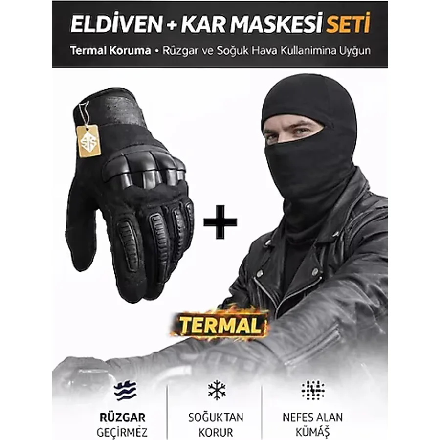 Single Sword Dokunmatik Tam Parmak Korumalı Eldiven + Termal Kar Maskesi Set Siyah L