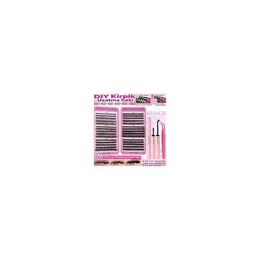 Sinka Takma Kirpik 600 Demet Kirpik Seti Kitap Model 30-40-50-60-80-100 D 6 Farklı Boyut