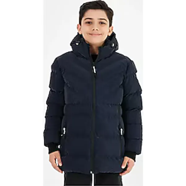 SİVAİST Lacivert Erkek Çocuk Sabit Kapüşonlu Şişme Deri Karışımlı Kumaş Mont&Kaban