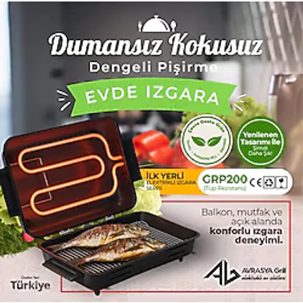 Siyah Avrasya Grill GRP200 Tüp Rezistanslı Elektrikli Izgara Sağlıklı Pişirme İçin 1100 Watt