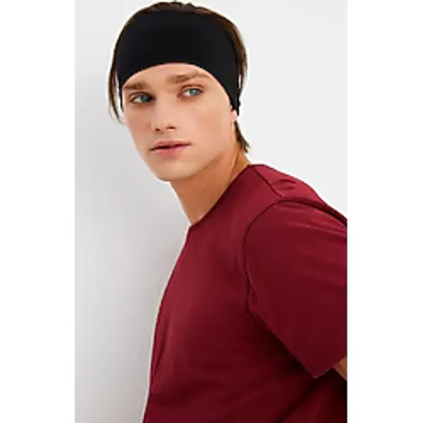 Siyah Erkek Pamuklu Penye, Kaymaz, Ultra Hafif, Spor Geniş Saç Bandı Bandana Buff