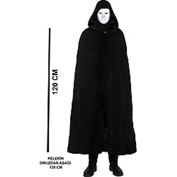 Siyah Kapüşonlu 120 Cm Pelerin Beyaz Boyanabilir Tam Yüz Maske