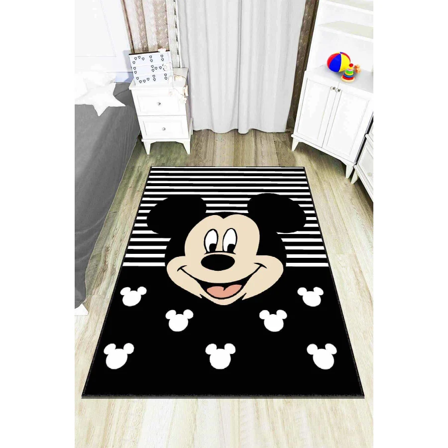 Siyah Kaymaz Tabanlı Yıkanan Miki Mouse Çocuk Halısı AR790