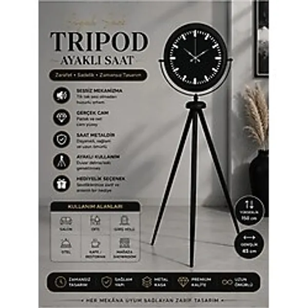 Siyah Lüks Sade Tripod Ayaklı Saat