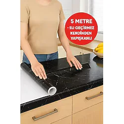 Siyah Mermer Desenli Kendinden Yapışkanlı Su Geçirmez Tezgah Kaplama Folyo - Parlak Yüzey 60x500 CM