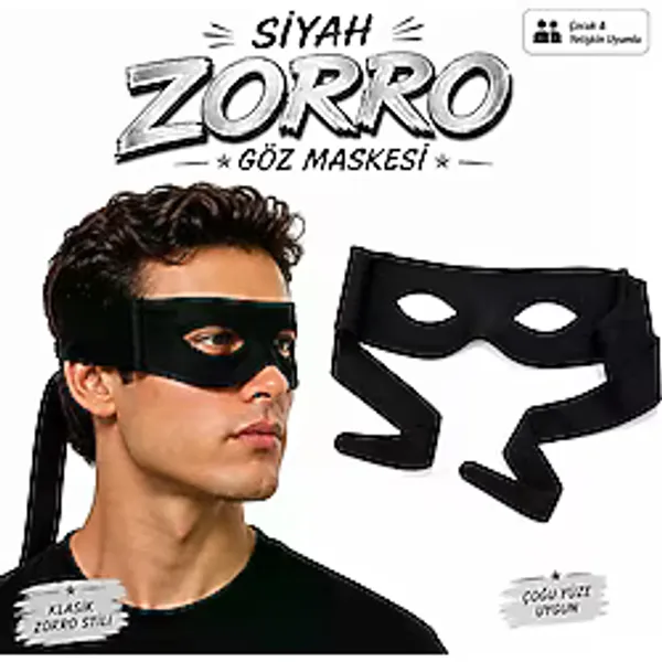 Siyah Zorro Göz Maskesi - Bağlamalı Parti ve Kostüm Aksesuarı