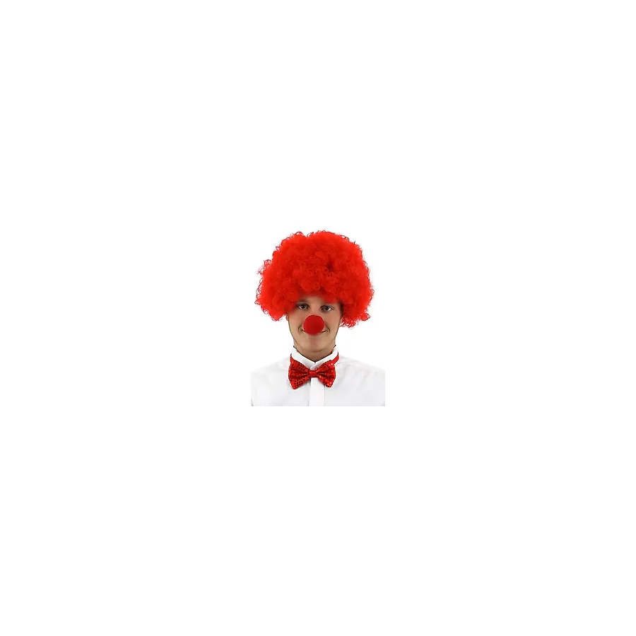 Skygo Kırmızı Renk Kıvırcık Afro Bonus Peruk Takma Saç ve Kırmızı Burun Seti