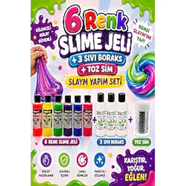 Slaym Yapım Seti (6 Adet Slime Jeli + 3 Adet Sıvı Boraks + 1 Adet Toz Sim)
