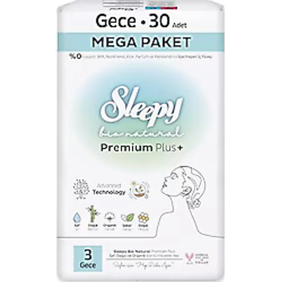 Sleepy Bio Natural Premium Plus Gece Boy 3 Hijyenik Ped 30'lu
