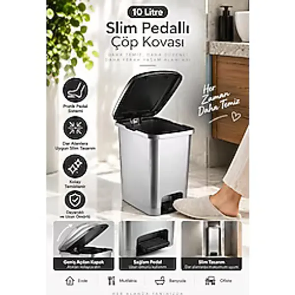Slim Pedallı Banyo Mutfak Çöp Kovası - 10 Litre - Antrasit - 10 lt - Gri