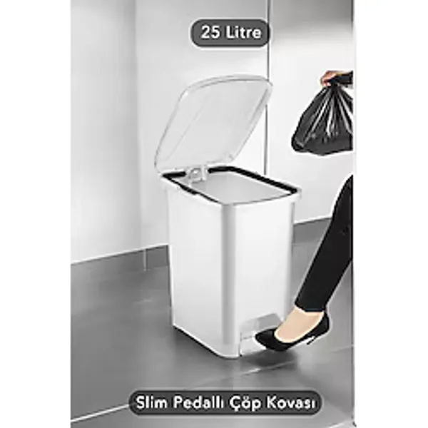 Slim Pedallı Banyo Mutfak Çöp Kovası - 25 Litre - Beyaz (Iç Kovasız) - 25 lt