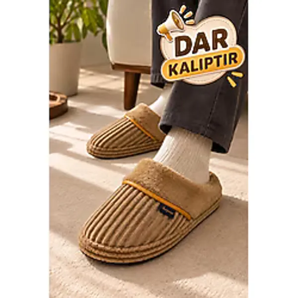 Slipcat Erkek Fitilli Kadife Peluş İçi Yünlü Kaymaz Taban Sıcak Tutan Ev Terliği
