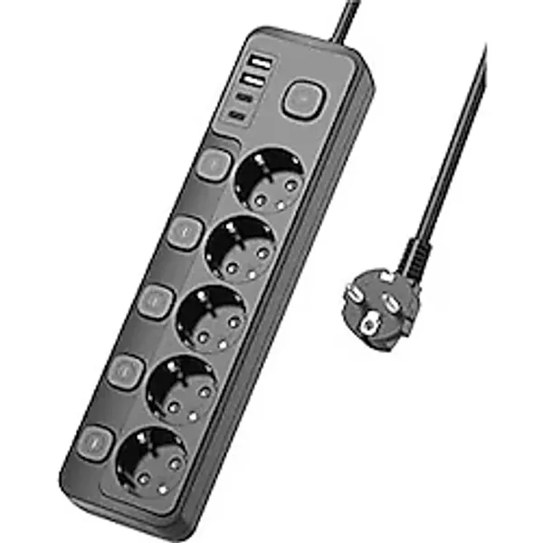SMAYLİNG 5 Priz + 4 USB (2 Type-C) Akım Korumalı Anahtarlı Uzatma Kablosu - 2 Metre - Enerji Tasarruflu Priz