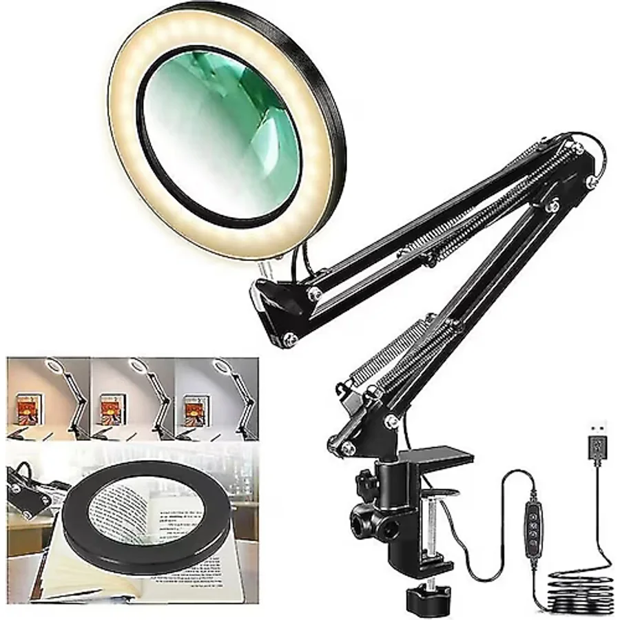 SMAYLİNG Katlanabilir büyüteçli LED lamba büyüteç masa lambası 3 renk modları 10 seviye Işık Mercek