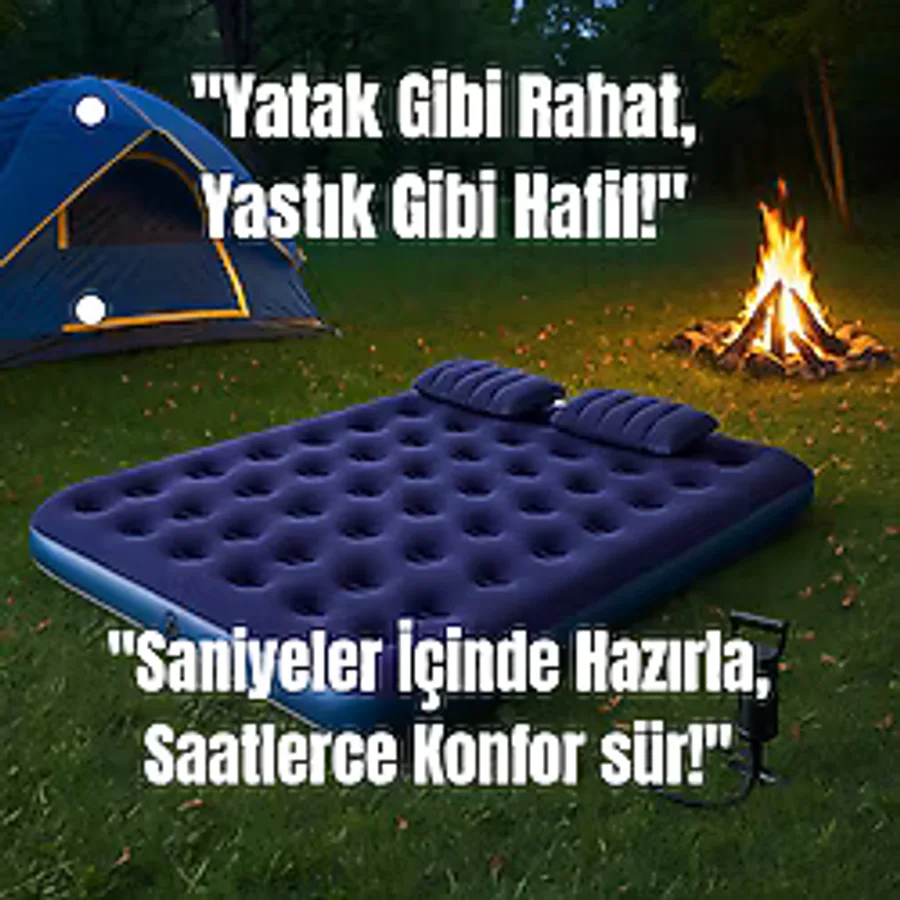SMAYLİNG Taşınabilir Çift Kişilik Şişme Yatak + Pompa - 203x152x22 cm Kamp & Misafir Kullanımı