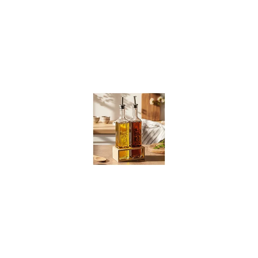 Snippy Olea - 2'li Ahşap Yüksek Standlı Cam Zeytinyağı Şişesi Yağdanlık Damlatmaz Yağlık Sirkelik 500ML - Açık Kahverengi - Şeffaf