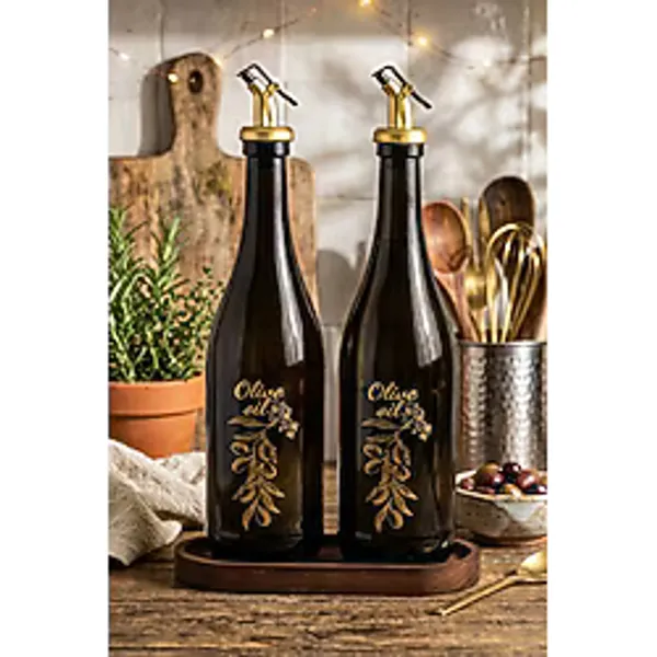 Snippy Poura - Ahşap Standlı 2'li Yağdanlık Zeytinyağı Sıvı Yağ Sirke Şişesi Yağdanlık Seti 750 ml