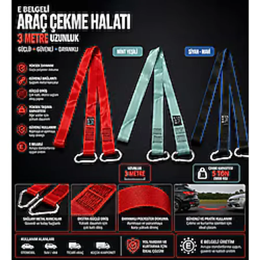 SNSTİCARET E-Onaylı Araç Çekme Halatı 3 Metre 5 Ton Kapasiteli - Güçlü Dikişli Metal Kancalı Çekme Kayışı