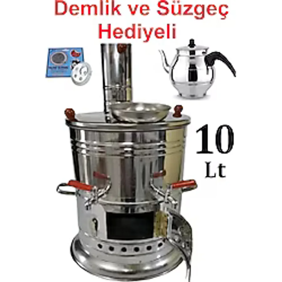 sobapark 10 Litre Paslanmaz Metal Odunlu Kömürlü Çay Semaveri Büyük Çift Musluklu DEMLİK HEDİYELİ Semaver 10