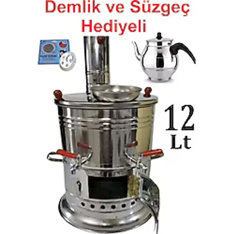 sobapark 12 Litre Paslanmaz Metal Odunlu Kömürlü Çay Semaveri Büyük Çift Musluklu DEMLİK HEDİYELİ Semaver 12