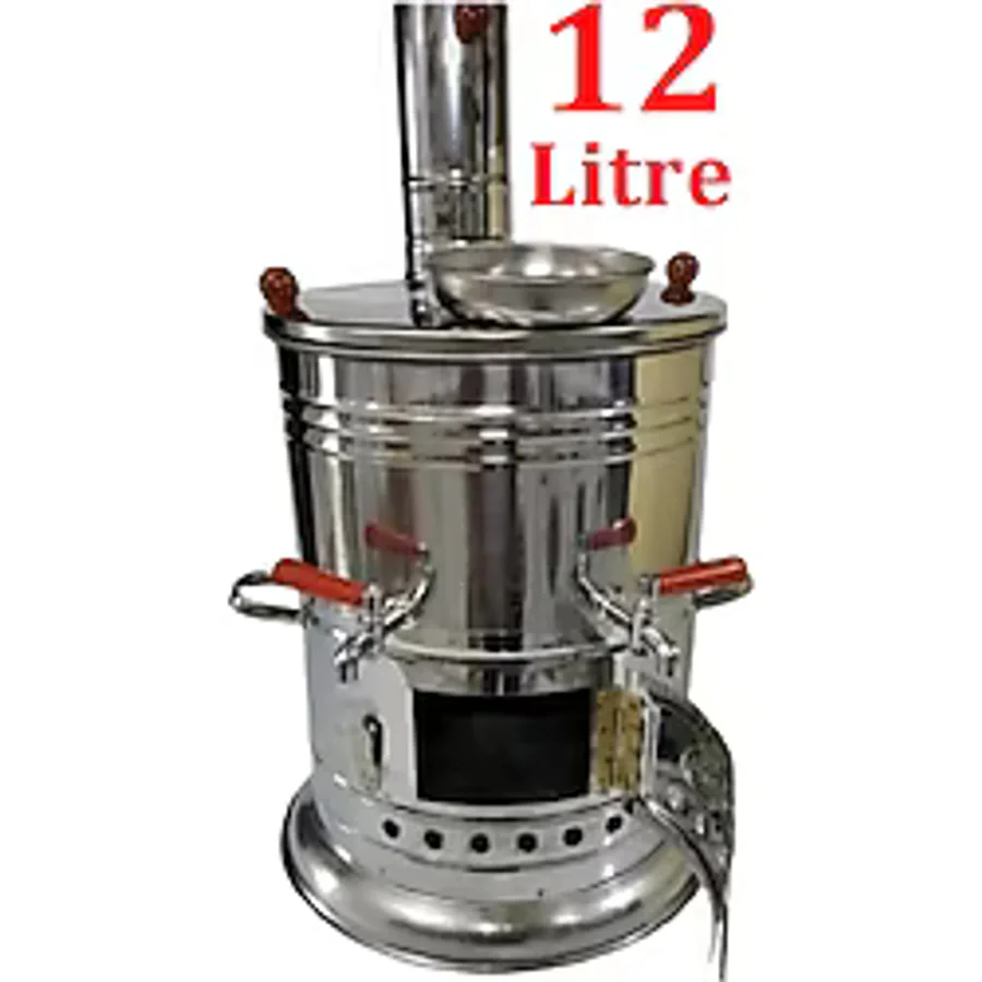 sobapark 12 Litre Paslanmaz Metal Odunlu Kömürlü Çay Semaveri Büyük Çift Musluklu Odunlu Kömürlü Semaver 12 L