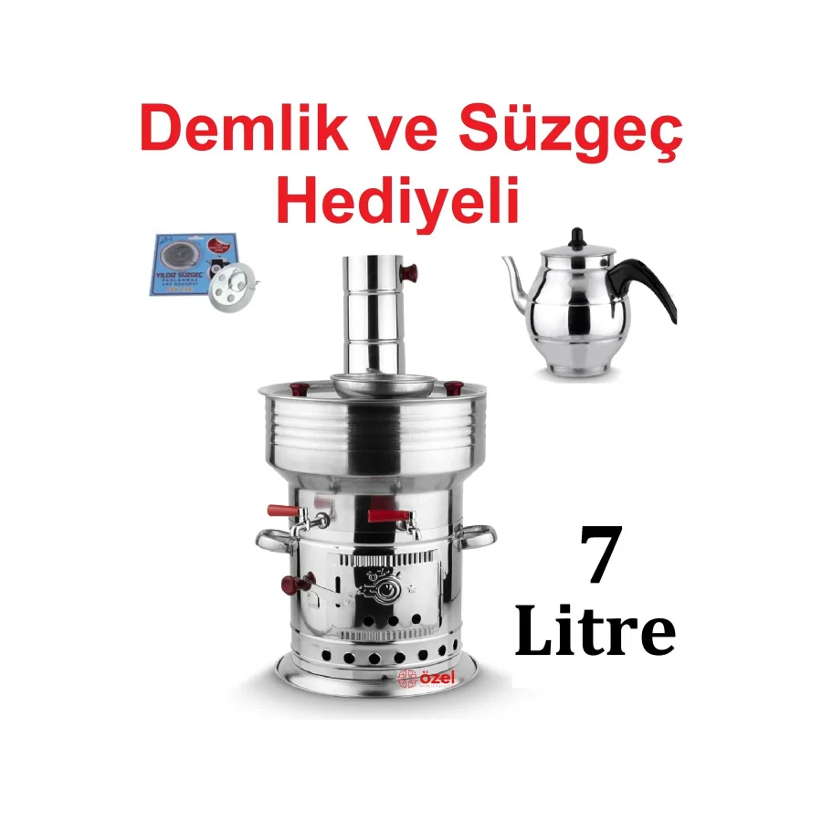 sobapark 7 Litre Paslanmaz Metal Odunlu Kömürlü Çay Semaveri Büyük ÇİFT Musluklu Odunlu Kömürlü Semaver 7 Lt.