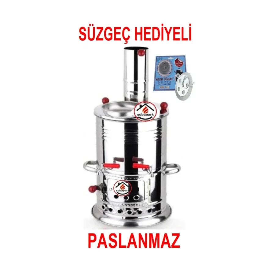 Sobapark Çift Musluklu Odunlu Kömürlü Çay Semaveri Odunlu Kömürlü Paslanmaz Semaver 5 Litre