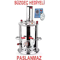 Sobapark Çift Musluklu Odunlu Kömürlü Çay Semaveri Odunlu Kömürlü Paslanmaz Semaver 5 Litre