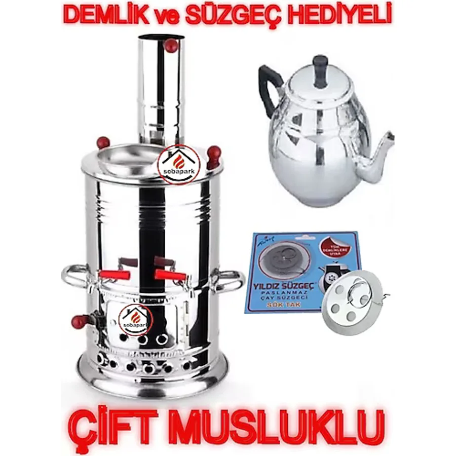 Sobapark Çift Musluklu Odunlu Kömürlü Paslanmaz Semaver Kendinden Demlikli Semaver Semaver 5 Lt Demlik 1 Lt