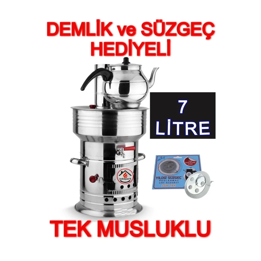 Sobapark Odunlu Kömürlü Çay Semaveri Odunlu Kömürlü Semaver Tek Musluklu Semaver 7 Litre Demlik 1 Litre
