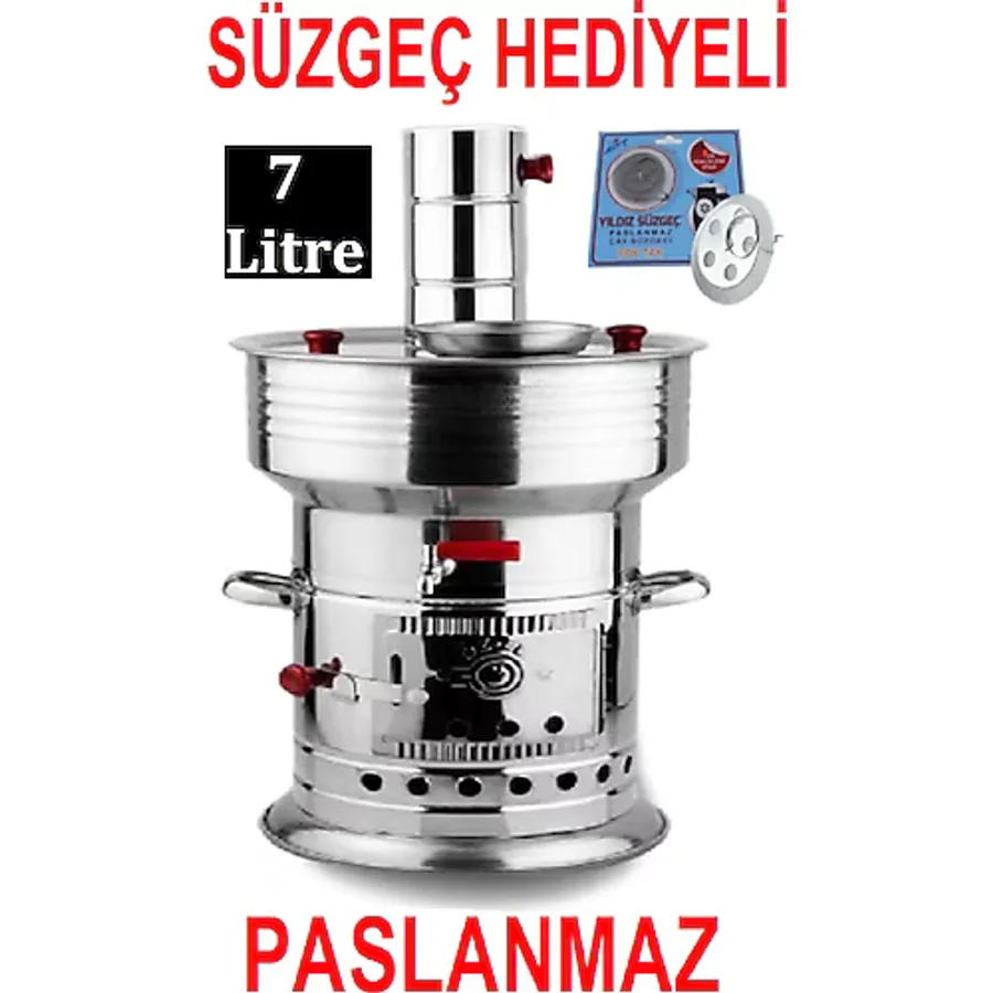 Sobapark Odunlu Semaver Kömürlü Semaver Odunlu Kömürlü Çay Semaveri Tek Musluklu Semaver 7 Litre - Paslanmaz