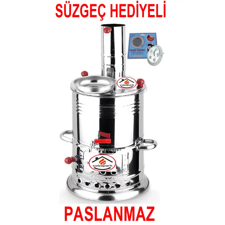 Sobapark Tek Musluklu Odunlu Kömürlü Çay Semaveri Odunlu Kömürlü Semaver - 5 Litre - Demlik 1 Litre