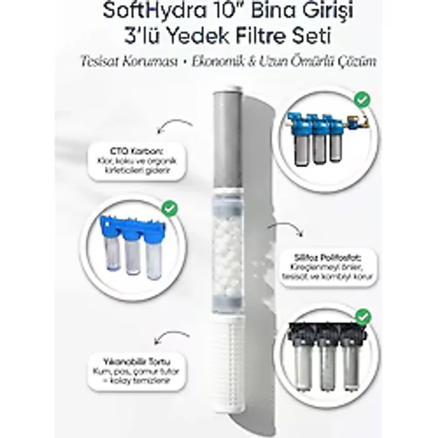 Softhydra 10" Bina Girişi 3'lü Filtre Seti - Kireç Önleyici Silifoz, CTO ve Yıkanabilir Tortu Filtre