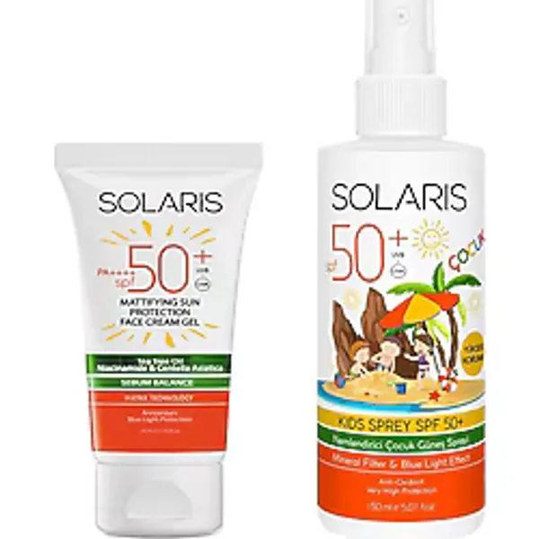 Solaris Yağlı Cilt Tipleri İçin Jel Güneş Bakım Seti SPF 50+ (50 ml) ve Çocuk Güneş Kremi Sprey SPF 50+ (150 ml)
