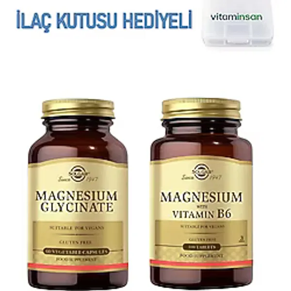 Solgar Magnesium Glycinate 60 Tablet + Solgar Magnesium With Vitamin B6 100 Tablet ( Ilaç Kutusu Hediyeli )