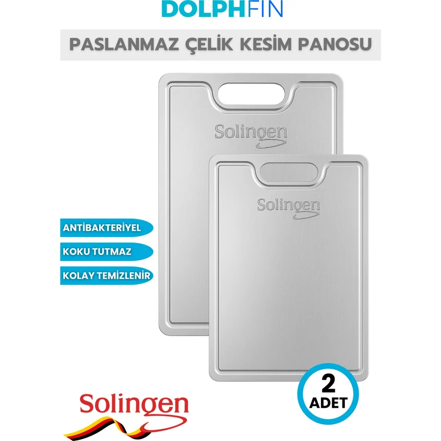 Solingen Paslanmaz Çelik Kesme Tahtası 2 Adet Antibakteriyel Yüzey