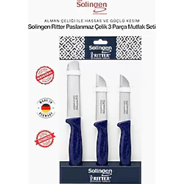 Solingen Ritter Mavi 3'lü Keskin Mutfak Bıçağı Seti - Paslanmaz Alman Çeliği