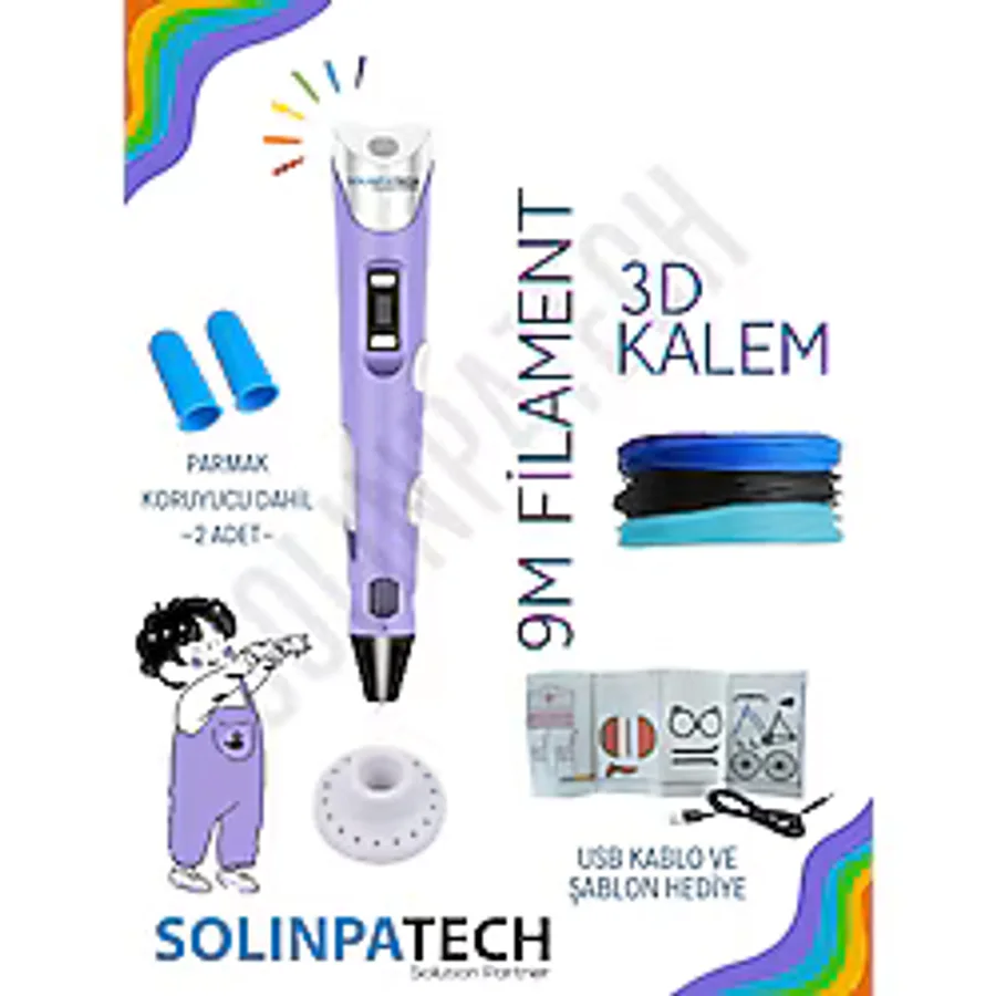 SolinpaTech 3d Pen Üç Boyutlu Yazıcı 3d Kalem Printer-mor (3 ADET 3METRE FİLAMENT -9METRE- VE USB KABLO DAHİL)