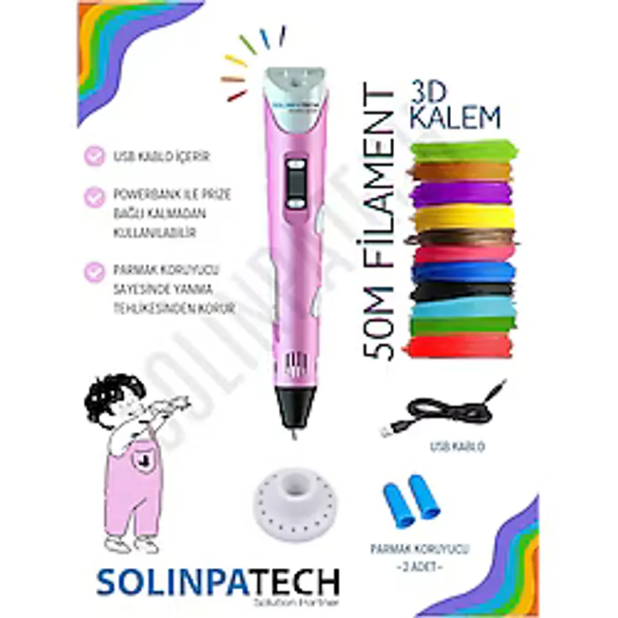 SolinpaTech 3d Pen Üç Boyutlu Yazıcı Kalem Printer 50 m Filament ve USB Kablo Dahil