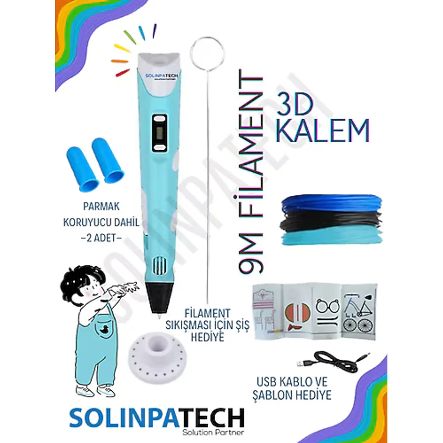 SolinpaTech Mavi 3d Kalem 3d Pen 3 Boyutlu Yazıcı Kalem 3 Renk 9 Metre Filament Usb Kablo