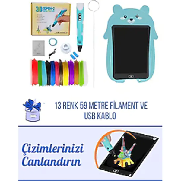 SolinpaTech MAVİ 3d Kalem 3d Pen Yazıcı Kalem 59 Metre Pla Filament Grafik Tablet Usb Kablo
