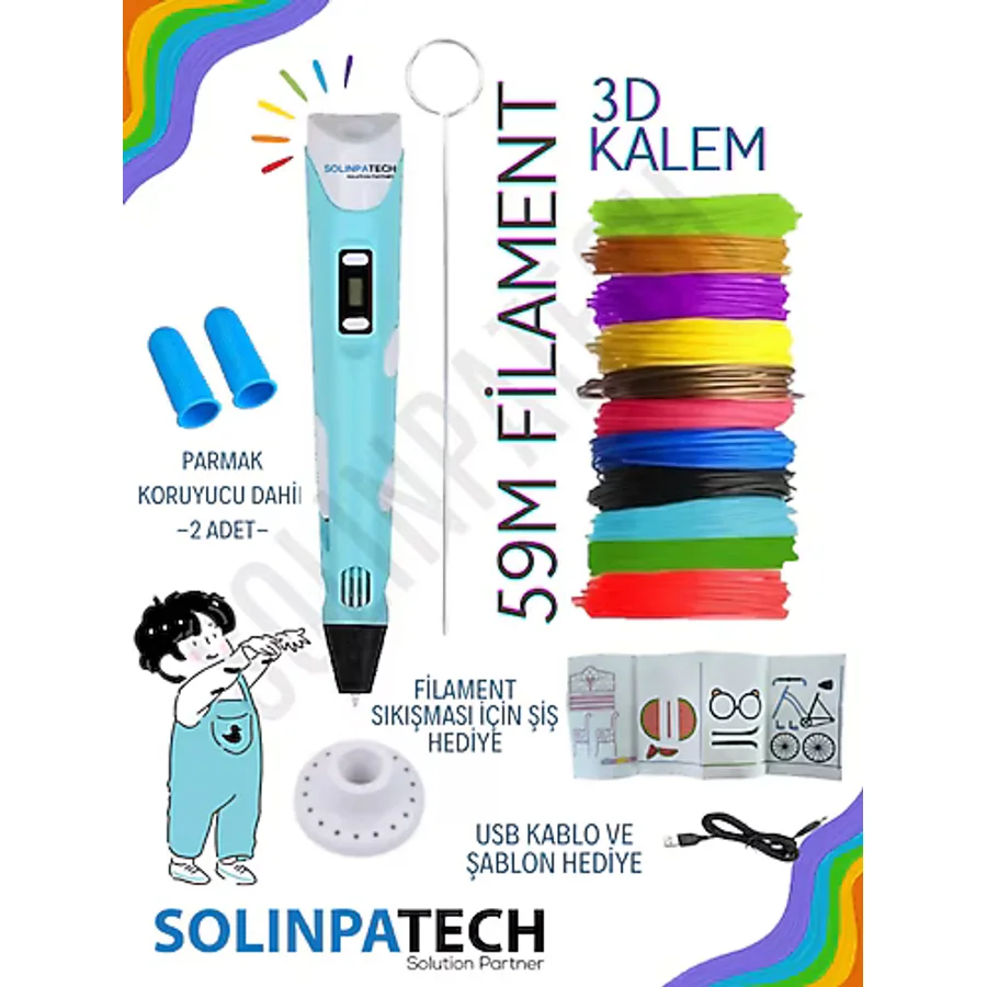 SolinpaTech Mavi 3d Kalem 3d Pen Yazıcı Kalem Çok Renkli (toplam 59 Metre) Filament Usb Kablo
