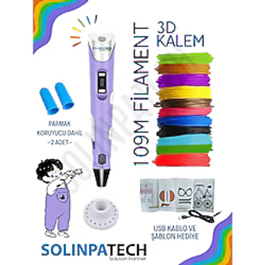 SolinpaTech MOR 3d Kalem 3d Pen Yazıcı Kalem Çok Renkli (TOPLAM 109 METRE) Filament Usb Kablo