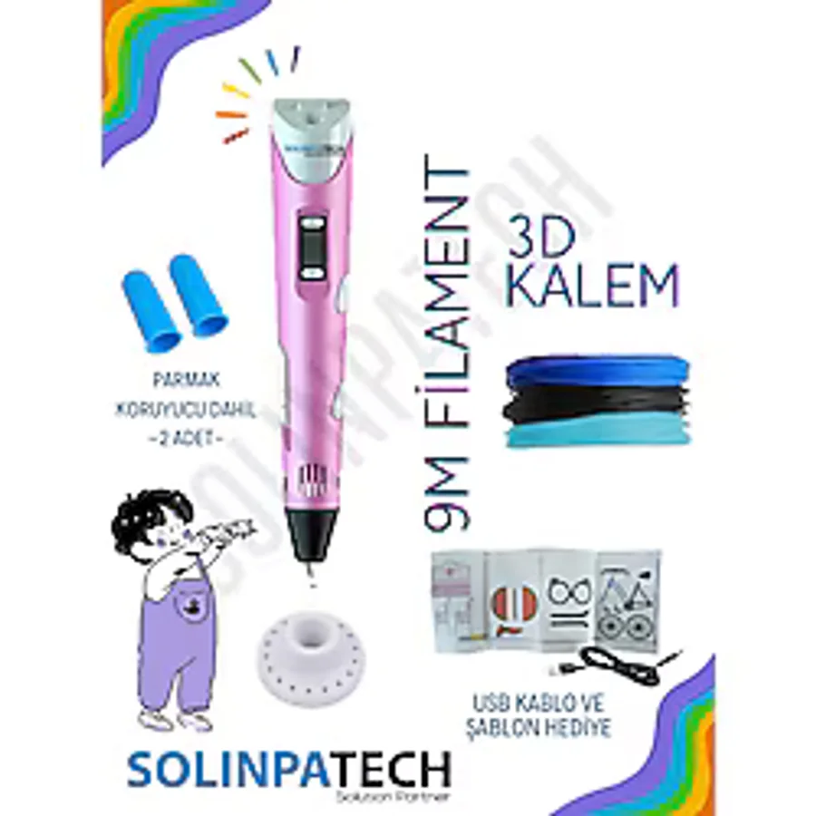 SolinpaTech Pembe 3d Kalem 3d Pen 3 Boyutlu Yazıcı Kalem 3 Renk 9 Metre Filament Usb Kablo