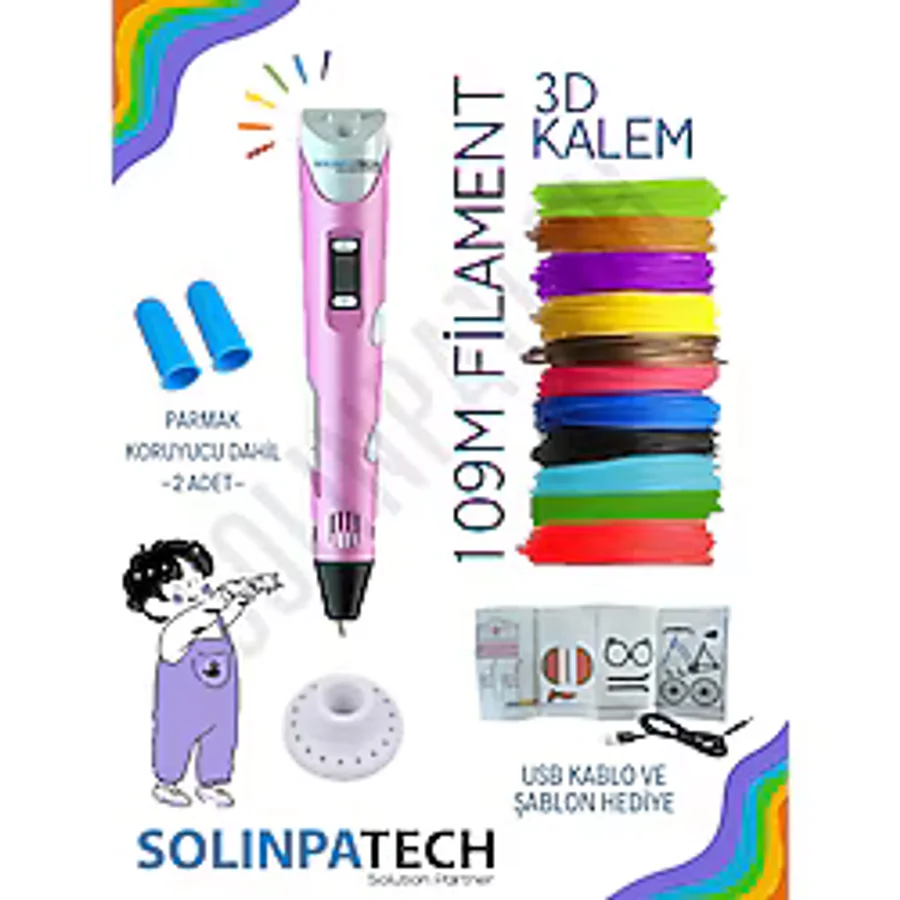 SolinpaTech Pembe 3d Kalem 3d Pen Yazıcı Kalem Çok Renkli (toplam 109 Metre) Filament Usb Kablo