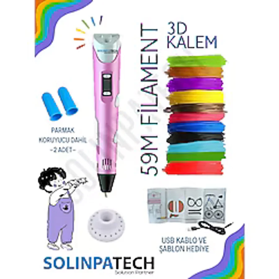 SolinpaTech Pembe 3d Kalem 3d Pen Yazıcı Kalem Çok Renkli (toplam 59 Metre) Filament Usb Kablo