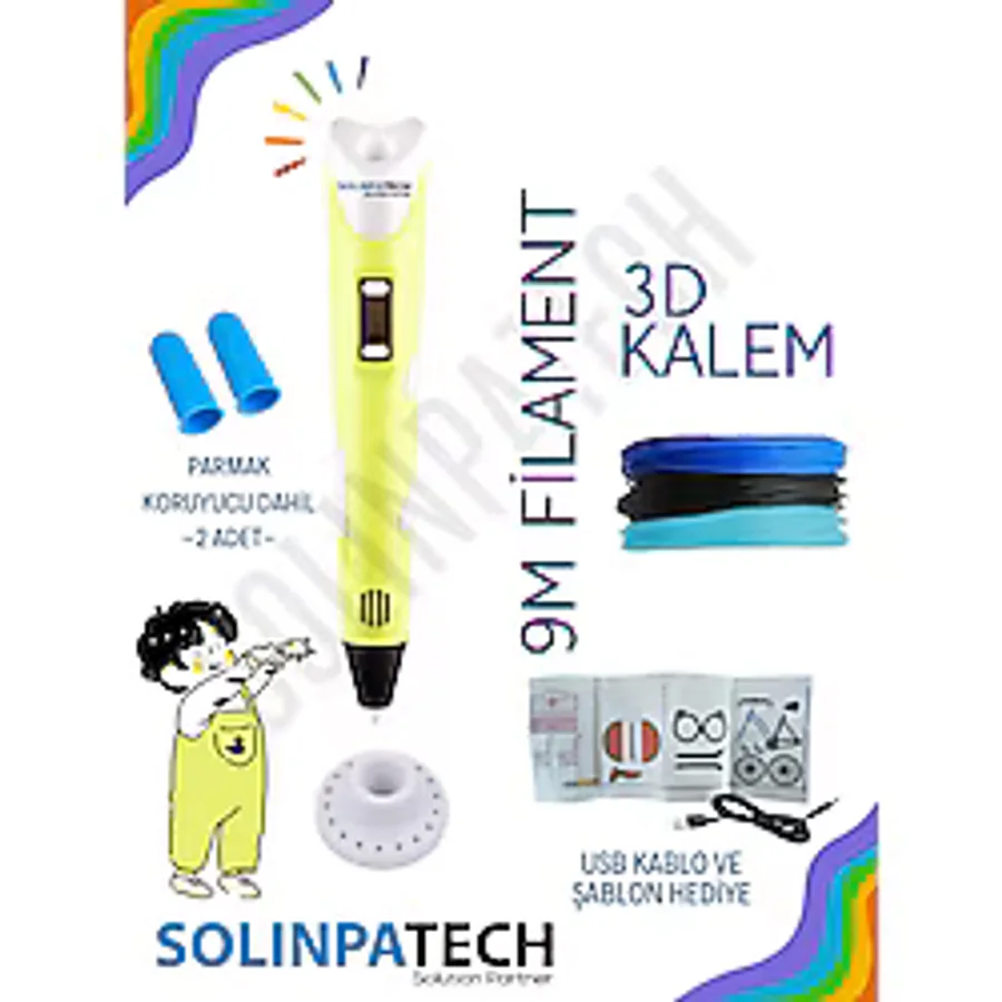 SolinpaTech Sarı 3d Kalem 3d Pen 3 Boyutlu Yazıcı Kalem 3 Renk 9 Metre Filament Usb Kablo