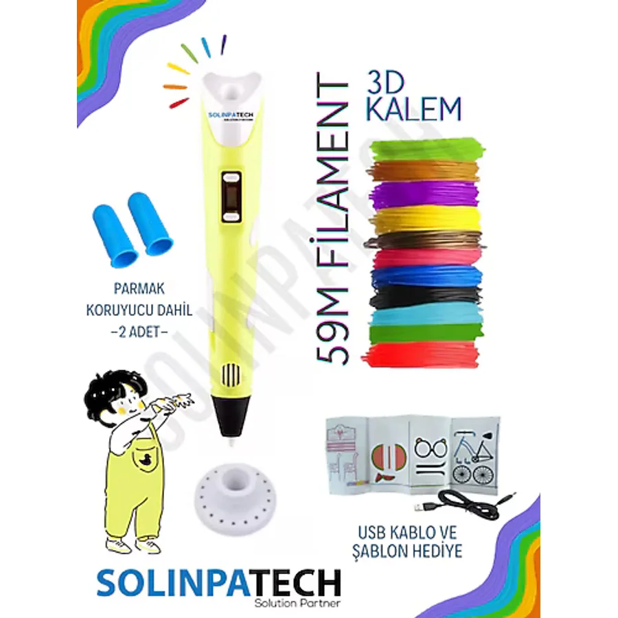 SolinpaTech Sarı 3d Kalem 3d Pen Yazıcı Kalem Çok Renkli (TOPLAM 59 METRE) Filament Usb Kablo