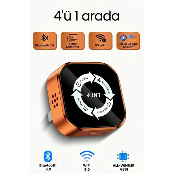 solvis 4'ü 1 Arada Ekran Yansıtmalı Kablosuz CarPlay & Android Auto Dönüştürücü, İOS&Android Uyumlu