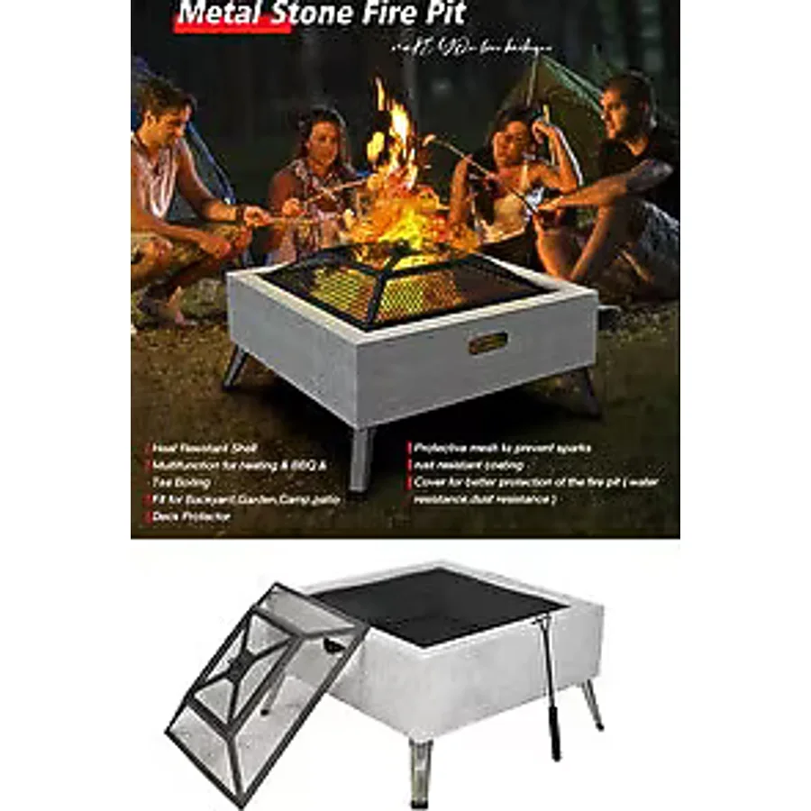 Somineco Metal 4 Parça Ithal Kare Katlanabilir Ayaklı Ateş Çukuru Mangal Şömine Bahçe Isıtma 70X70 cm 05127